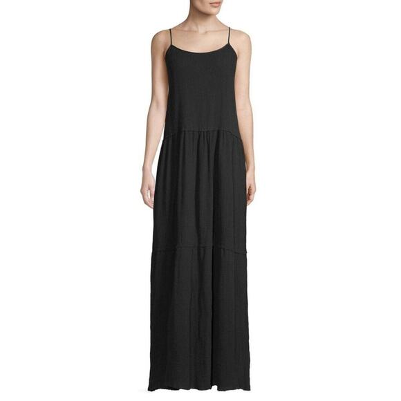 NEW Sz Large Maxi Anthony Thomas Melillo ATM Tiered Crinkled Gauze Dress Black